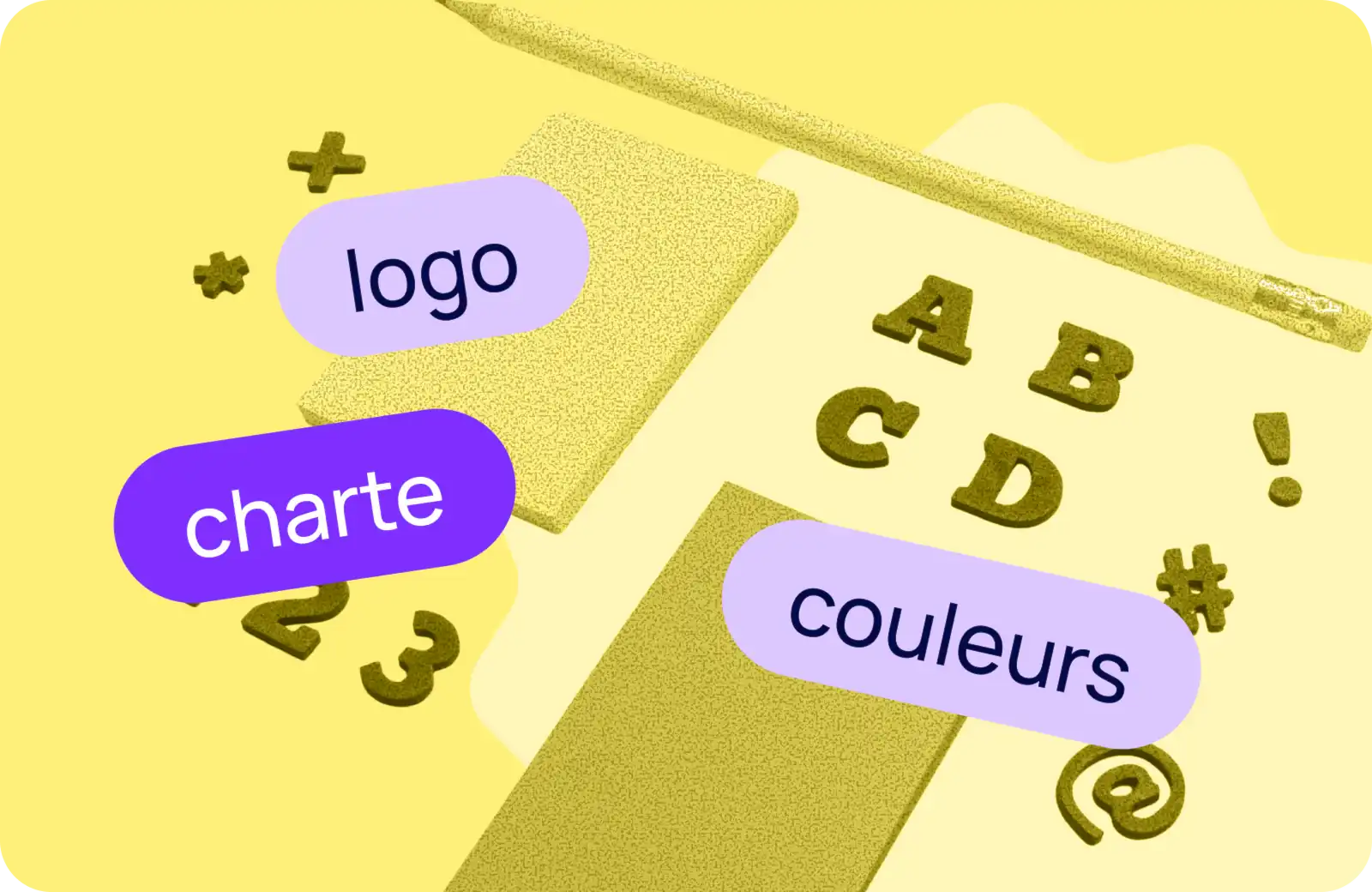 Lettres et chiffres en relief, carnet et crayon en monochrome jaune sur fond jaune, avec trois étiquettes superposées - lilas "logo", violette "charte" et lilas "couleurs" - visuel d'illustration pour un article sur la charte graphique, le logo et les couleurs