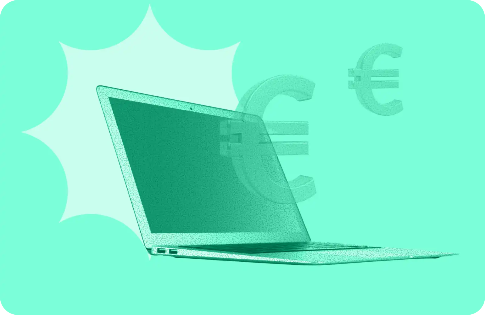 Ordinateur portable en monochrome turquoise avec des symboles euro en arrière-plan et une forme étoilée - visuel d'illustration pour un article sur le coût d'un site web