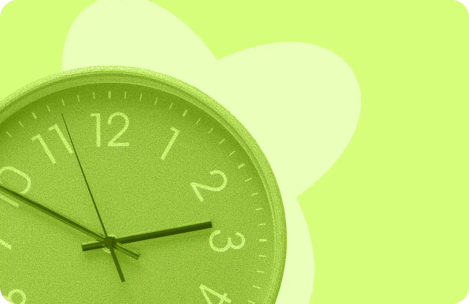 Gros plan sur une horloge murale découpée en monochrome vert citron, aiguilles indiquant environ 11h15, sur fond vert clair avec silhouette de nuage illustré - visuel d'illustration pour un article sur la notion de temps