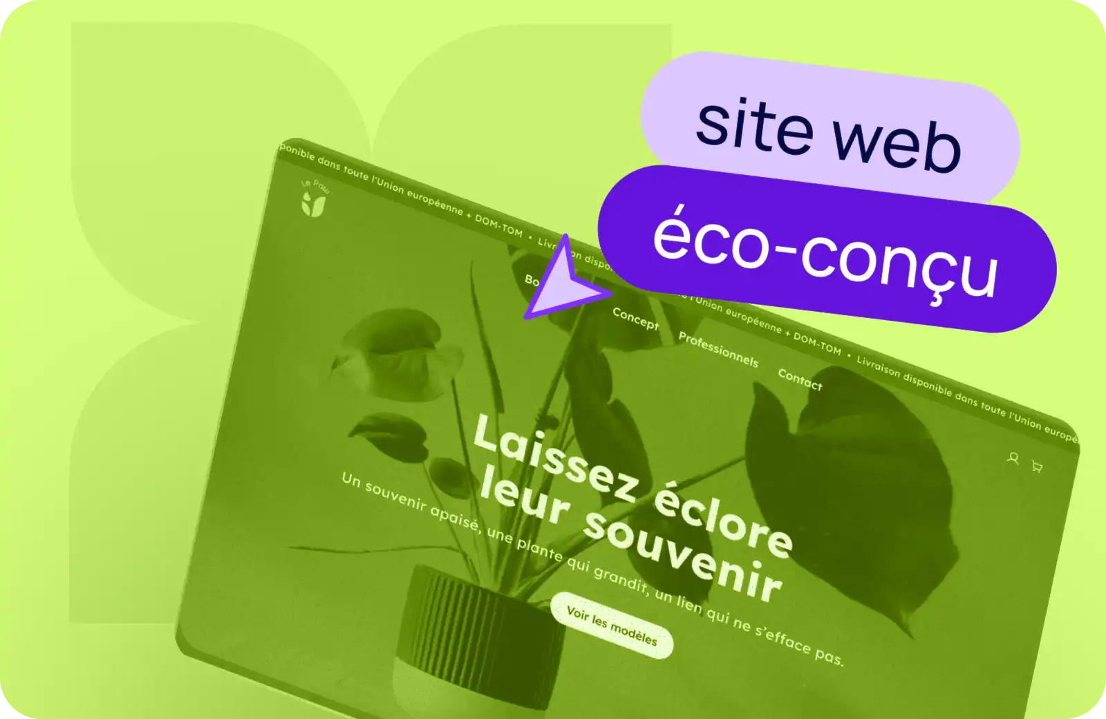 Capture d'écran du site "Le Paw" en monochrome vert sur fond vert citron, avec deux étiquettes superposées - lilas "site web" et violette "éco-conçu" - visuel d'illustration pour un article sur l'éco-conception web