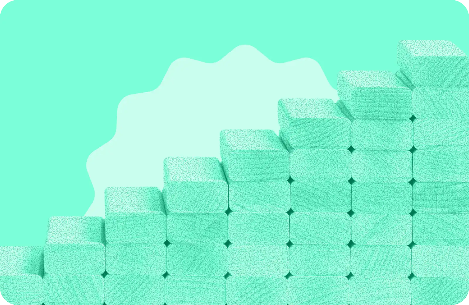 Empilement de blocs en escalier montant en monochrome turquoise sur fond vert menthe avec nuage illustré - visuel d'illustration pour un article sur les étapes d'un projet de site web