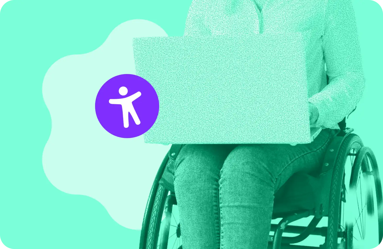 Personne en fauteuil roulant tenant un ordinateur portable en monochrome turquoise, avec le pictogramme d'accessibilité en cercle violet - visuel d'illustration pour un article sur l'accessibilité numérique