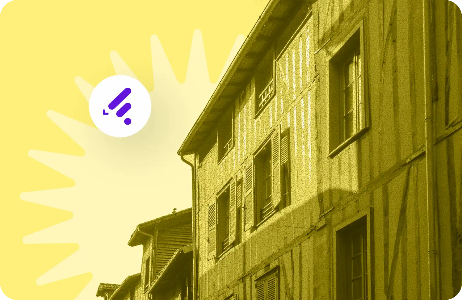 Façade de bâtiments anciens à colombages en monochrome jaune, avec le logo de Fluffy Agency en cercle blanc sur fond étoilé - visuel d'illustration pour un article sur la fondation de l'agence web à Limoges