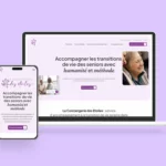 Site web de La Conciergerie des Étoiles affiché sur ordinateur portable et smartphone sur fond violet - page d'accueil avec le titre "Accompagner les transitions de vie des seniors avec humanité et méthode" et photo d'une personne âgée souriante