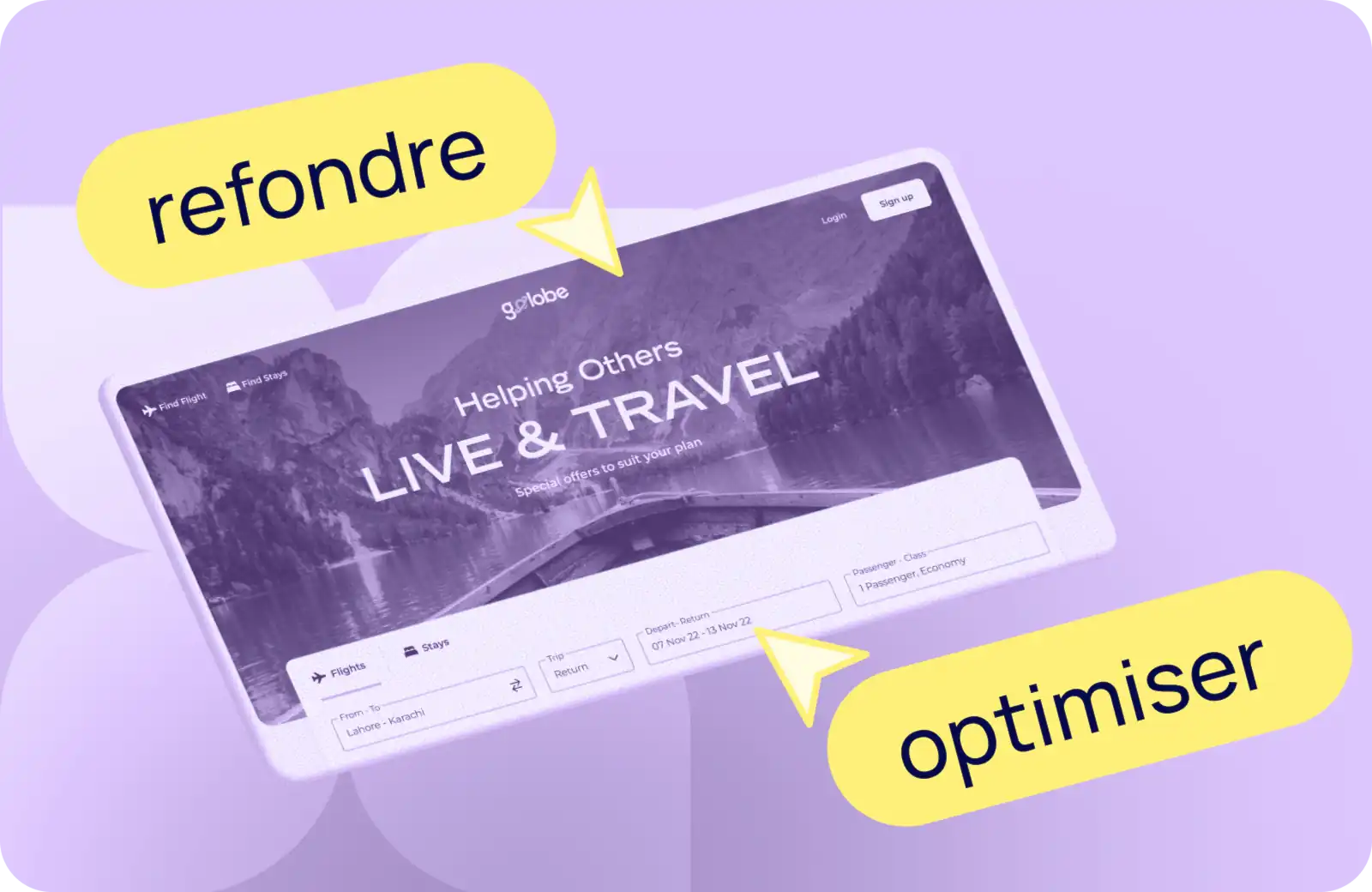 Capture d'un template de site de voyage "Golobe" en monochrome violet avec moteur de recherche de vols, accompagnée de deux étiquettes jaunes - "refondre" en haut et "optimiser" en bas - visuel d'illustration pour un article sur la refonte ou l'optimisation d'un site existant