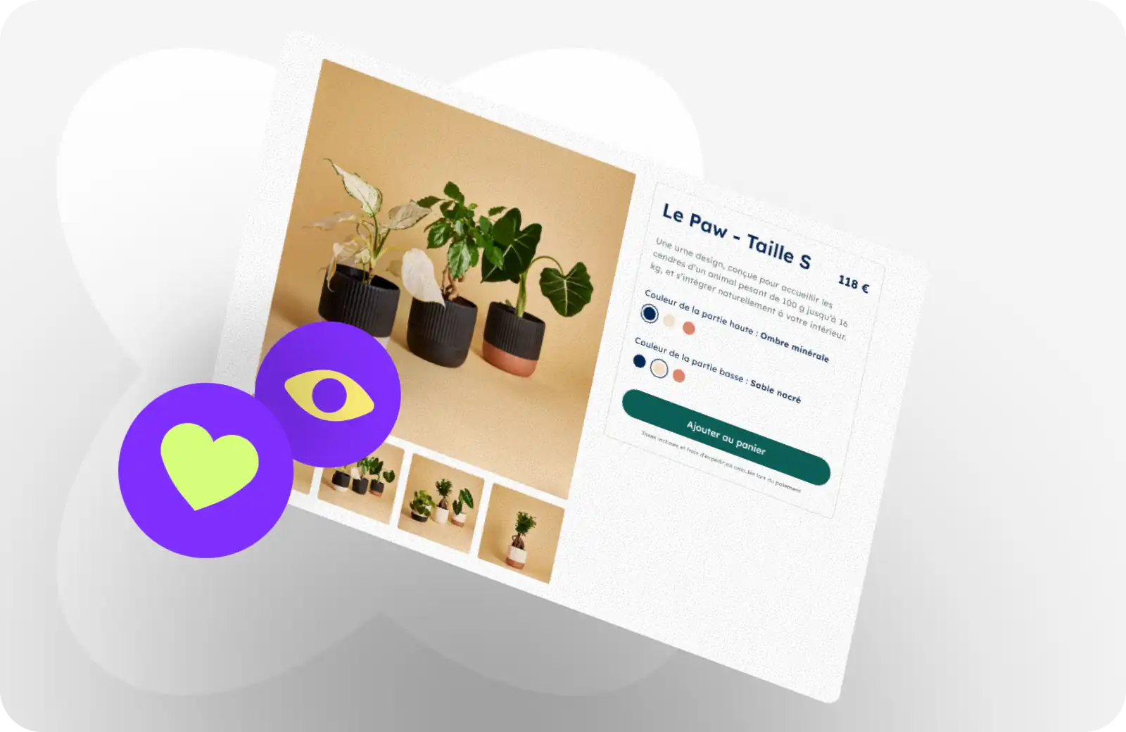 Page produit du site "Le Paw" présentant l'urne design "Le Paw - Taille S" à 118€ avec sélecteur de couleurs et bouton d'ajout au panier, avec deux pictogrammes violets représentant un cœur et un œil - visuel d'illustration pour un article sur les critères d'un site web bien conçu
