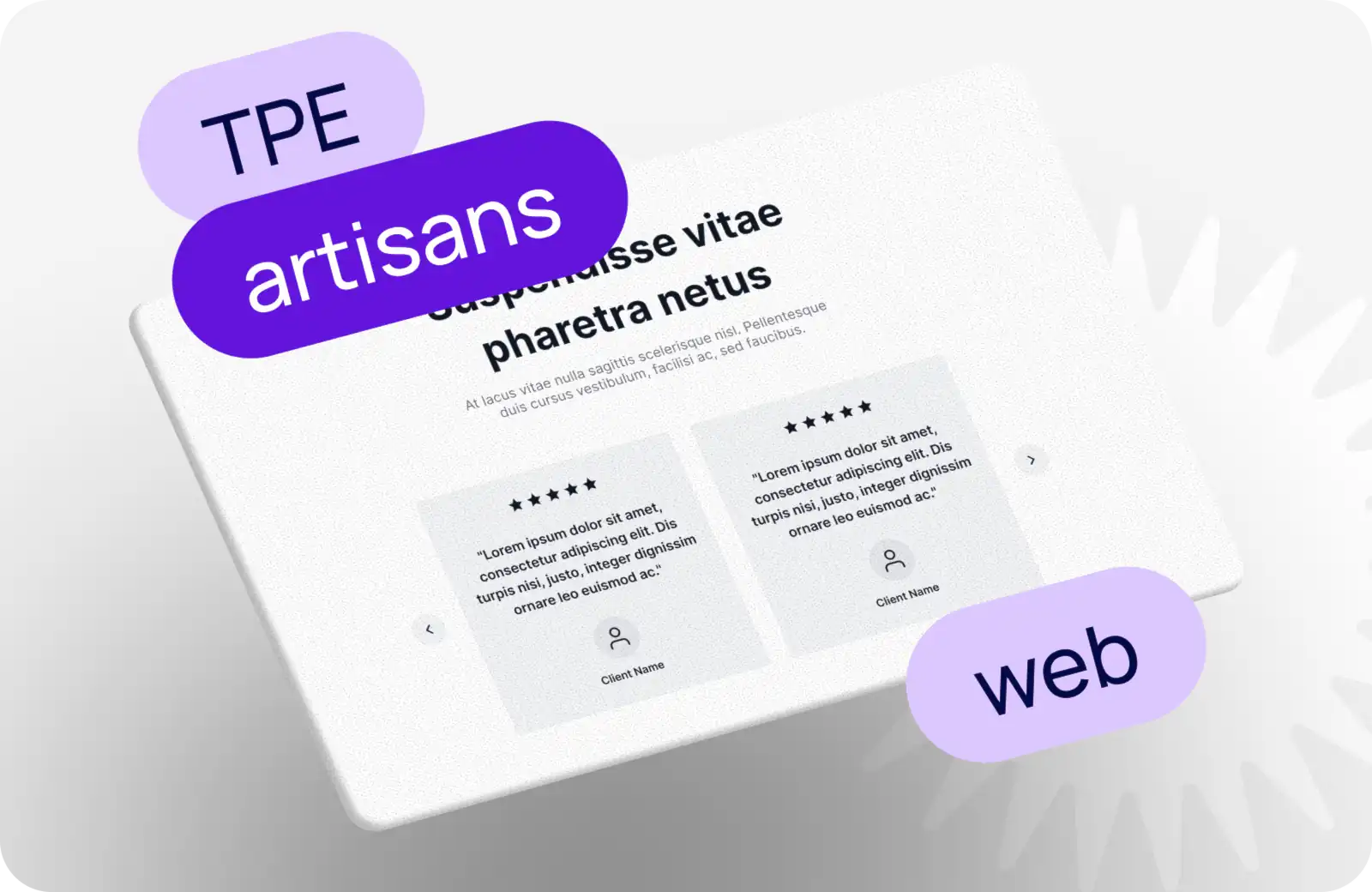 Maquette d'une section avis clients avec deux cartes de témoignages cinq étoiles, sur fond gris clair, avec deux étiquettes superposées - lilas "TPE" et violette "artisans" et lilas "web" - visuel d'illustration pour un article sur les sites web pour artisans et TPE