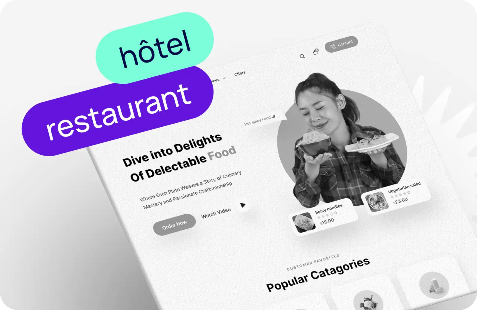 Capture d'écran d'un template de site restaurant en noir et blanc avec formulaire de commande et photo d'une personne dégustant un plat, accompagnée de deux étiquettes - turquoise "hôtel" et violette "restaurant" - visuel d'illustration pour un article sur les sites web pour restaurants, hôtels et commerces