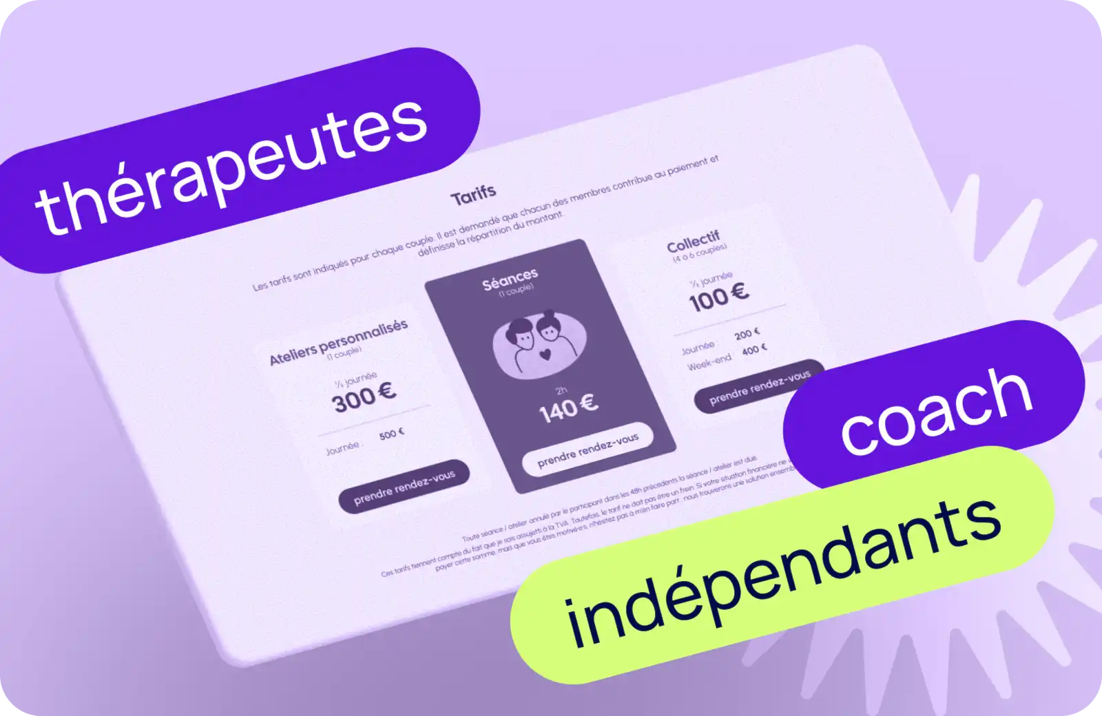 Page de tarifs du site "Au Cœur de la Relation" présentant les offres de séances, ateliers et collectifs, sur fond violet, avec trois étiquettes superposées - violette "thérapeutes", violette "coach" et verte "indépendants" - visuel d'illustration pour un article sur les sites web pour thérapeutes, coachs et indépendants