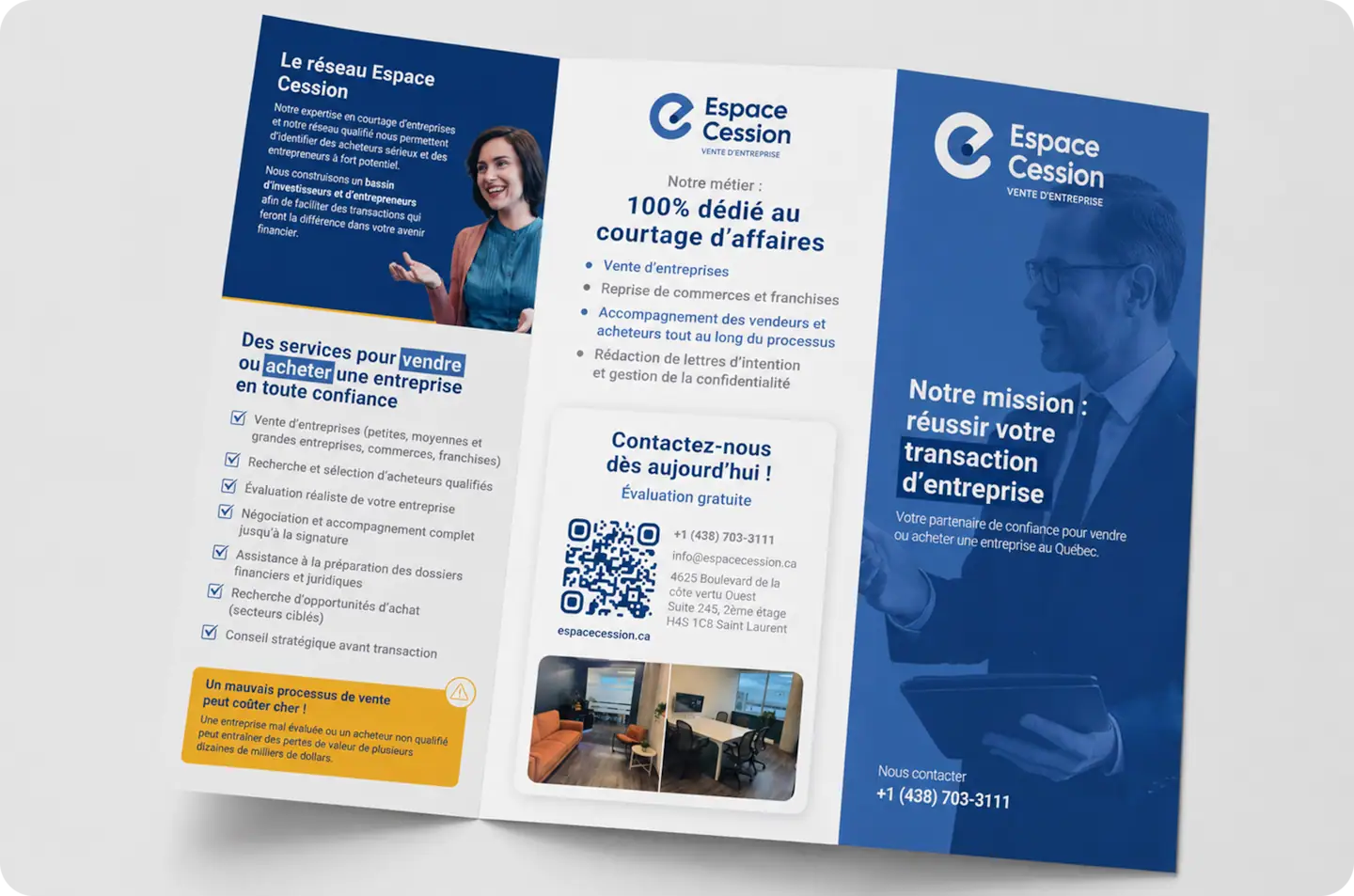 Plaquette commerciale 3 volets d'Espace Cession, déclinant l’identité graphique du cabinet sur un support professionnel.