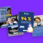 4 visuels pour les réseaux sociaux d’Espace Cession déclinant la nouvelle identité graphique de la marque avec photos et infographie