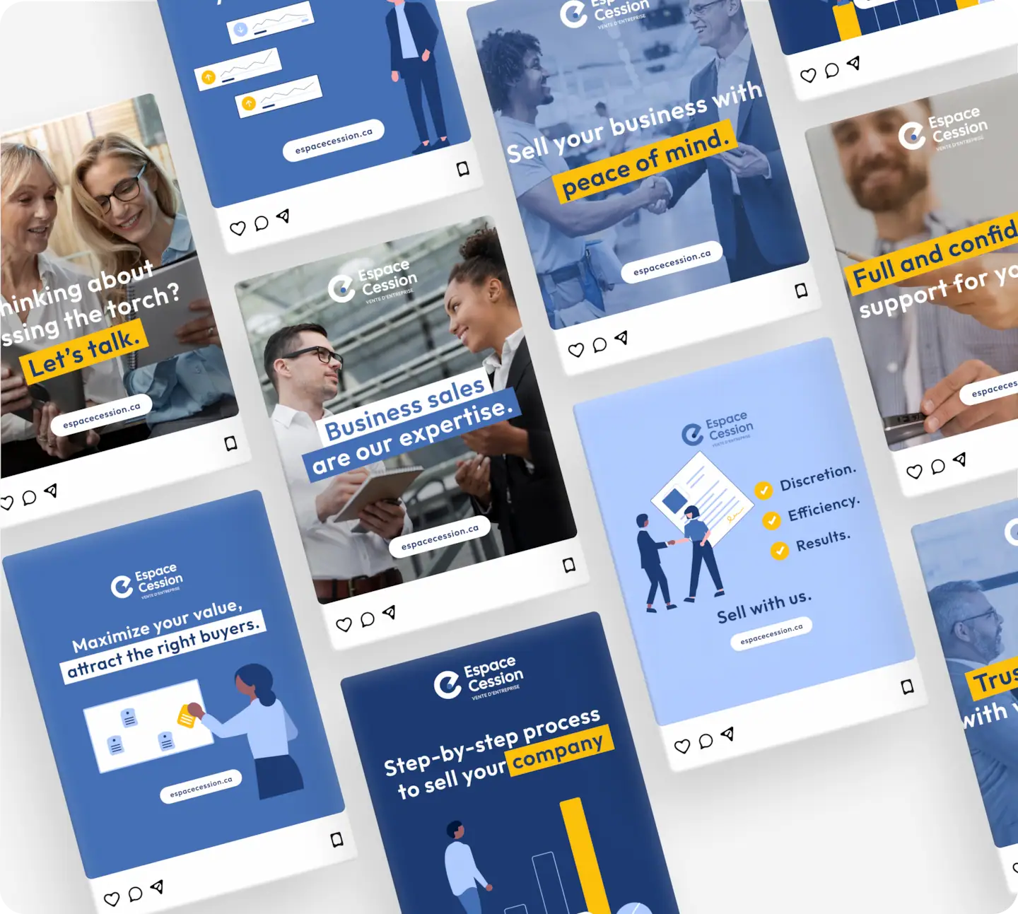 Visuels pour les réseaux sociaux d’Espace Cession déclinant la nouvelle identité graphique de la marque.