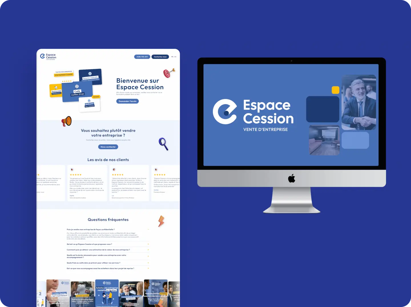 Maquette de la landing page Espace Cession présentant des entreprises disponibles à la cession, des avis et une FAQ.